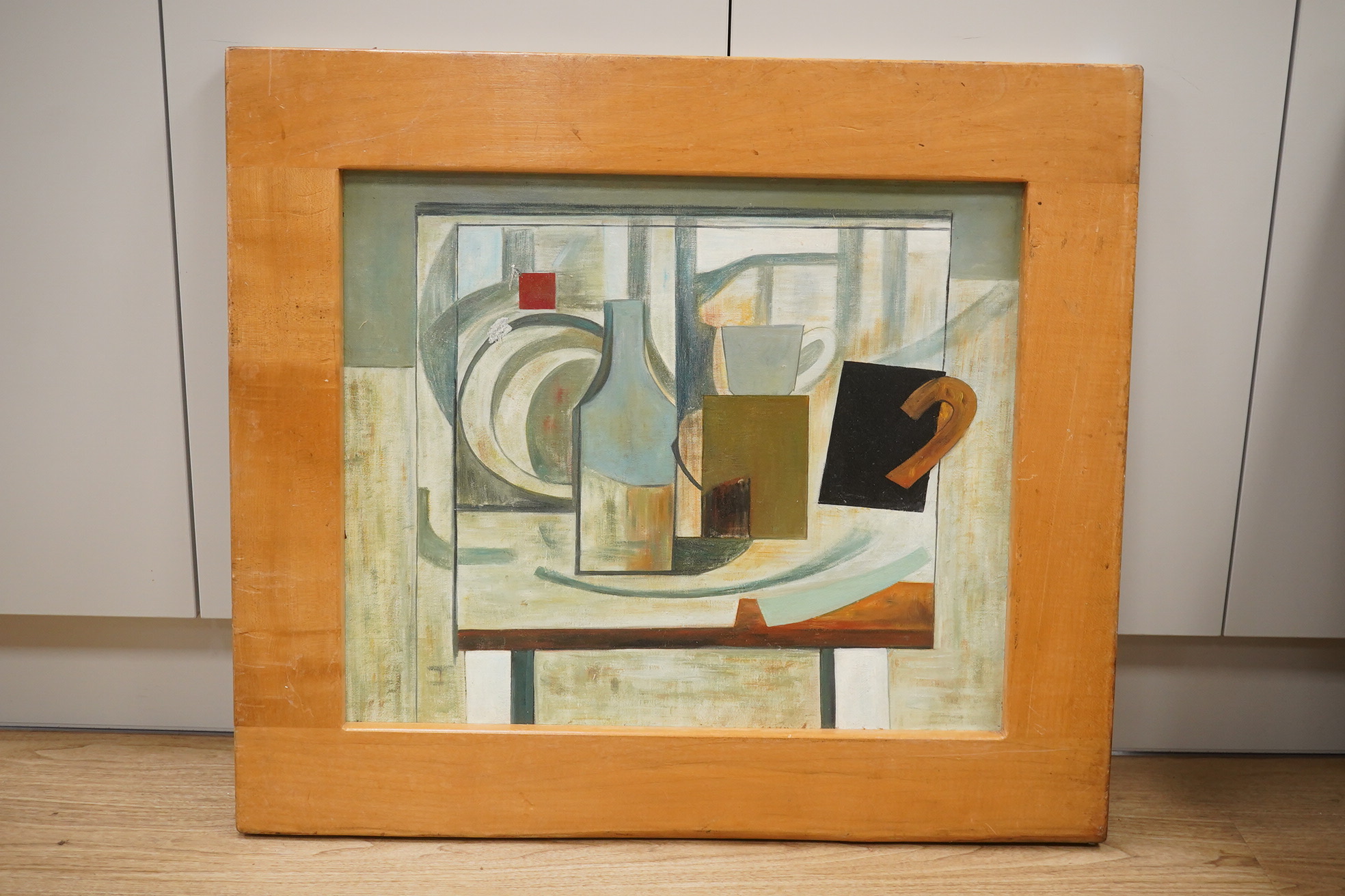 A decorative oil on board, Abstract composition, Still life of vessels, 49 x 60cm, housed in a pine frame. Condition - good